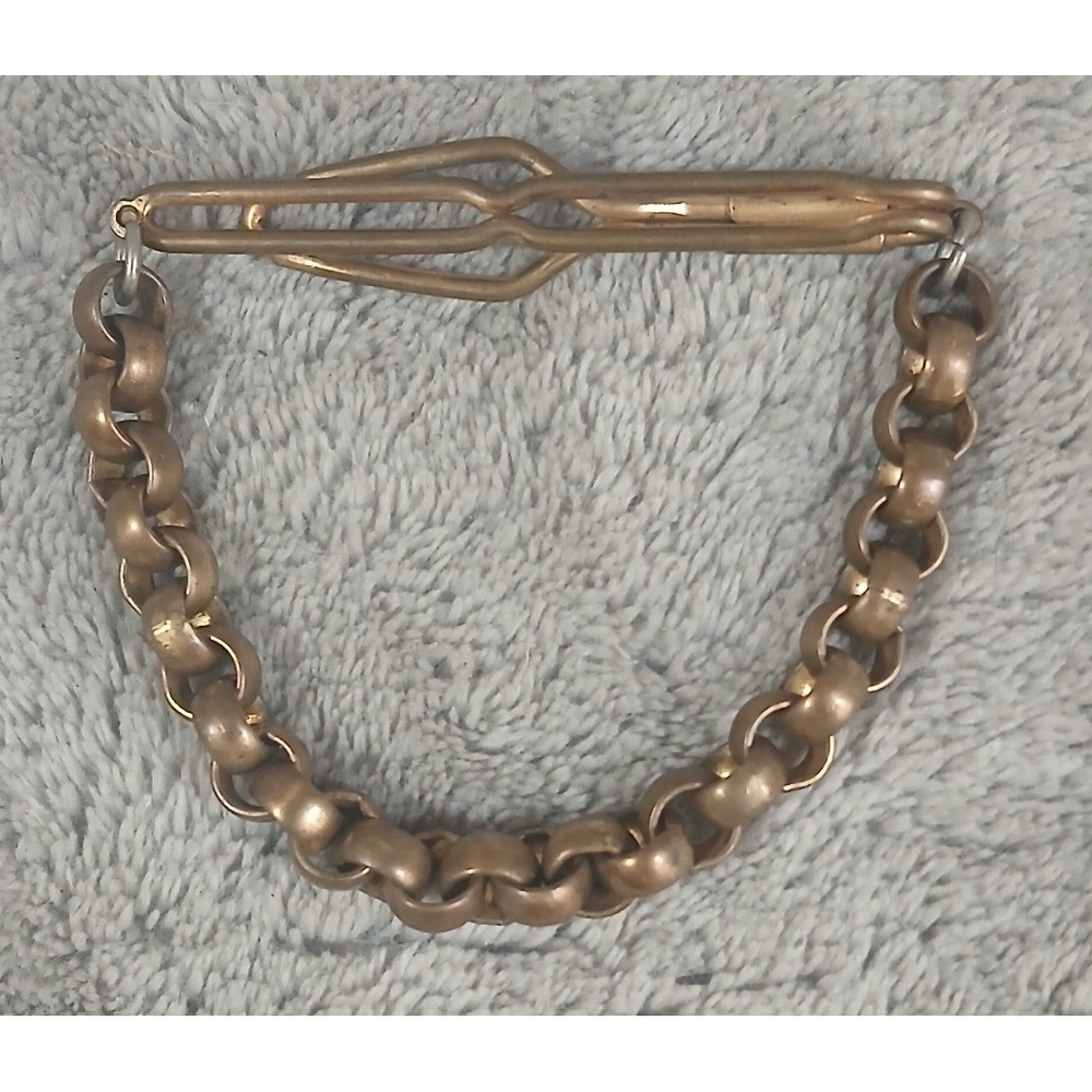 Vintage Brass Tone Tie Clip with Attached Belcher / Rolo‎ Chain Retro Dapper